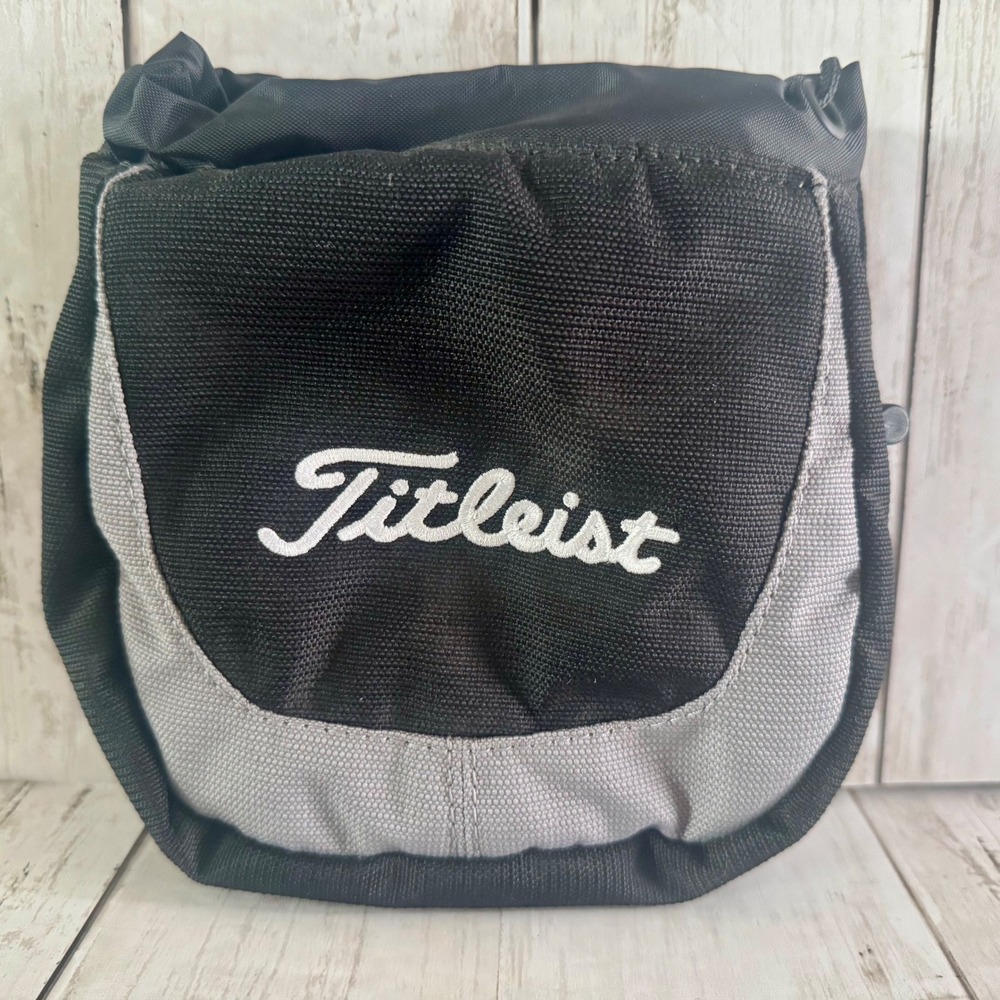 Titleist Golf Accessory Pouch Black Grey Nylon Drawstring Valuables Bag Clip On